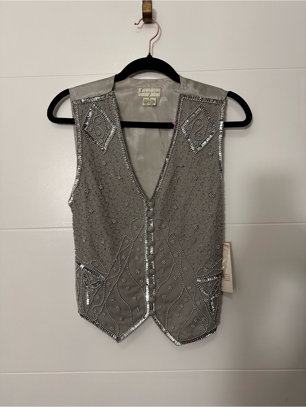 Spenser Jeremy Vintage Silver Beaded Sequin Women's 100% Silk Size S NWT - Picture 2 of 7